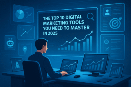 Top 10 Digital Marketing Tools to Master in 2025 3 A futuristic workspace with digital marketing dashboards and AI tools.